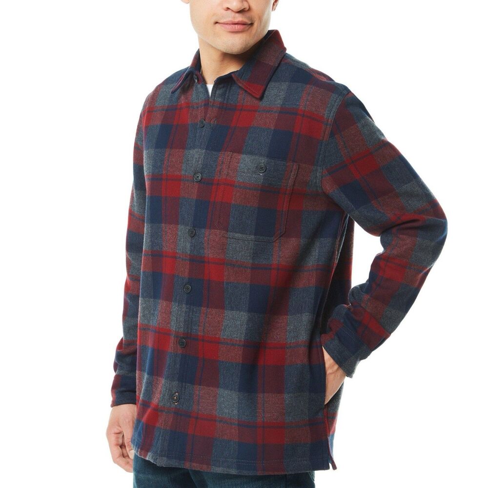 Weatherproof Men's L Flannel Plaid Fleece Red Black Gray Button Down Barn Jacket